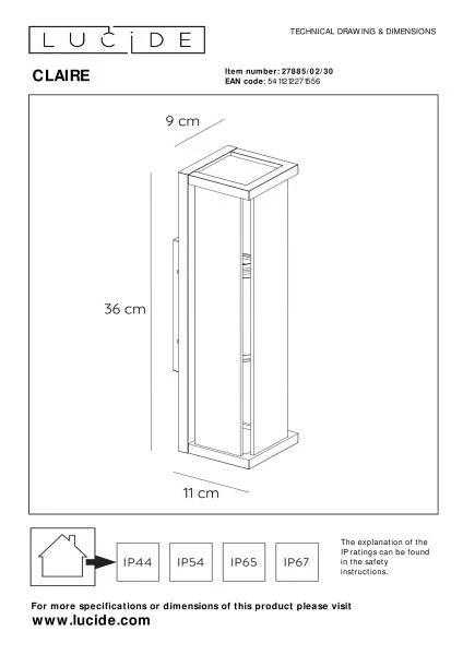 Lucide CLAIRE - Applique murale Intérieur/Extérieur - 2xE27 - IP54 - Anthracite - TECHNISCH